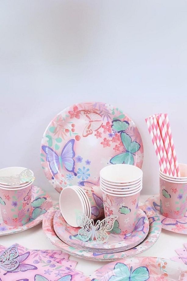 Pembe Kelebek Desenli 8'li Tabak Bardak Set - 3