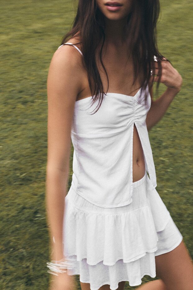 Ketenli volanlı mini etek - 1