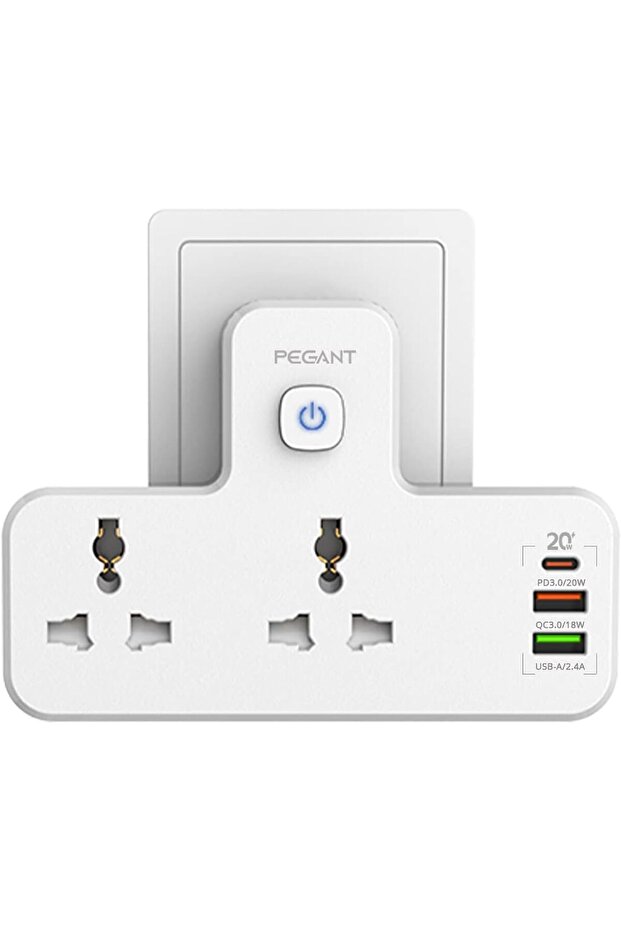 PEGANT 3 in 1 Power Extension Socket Plug Adapter, 20W USB-C PD Quick Charge Port, 2 USB-A QC3.0, 2 - 6