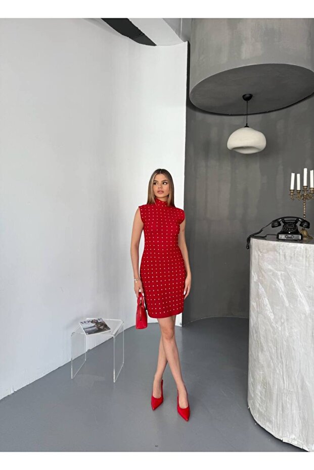 Taşlı Kadın Ottoman Mini Elbise - 5