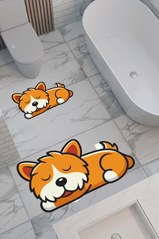 Dog Patterned Eco Bath Mat, Non-Slip Base, Machine Washable, Digital Printing Set of 2
