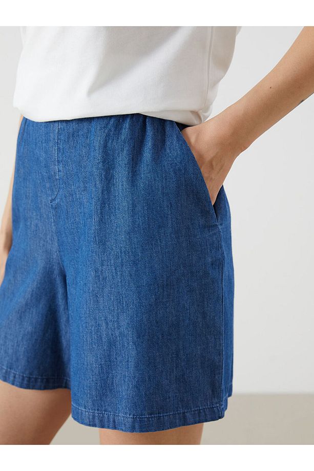 Indigo Beli Lastikli Kadın Jean Şort - 3