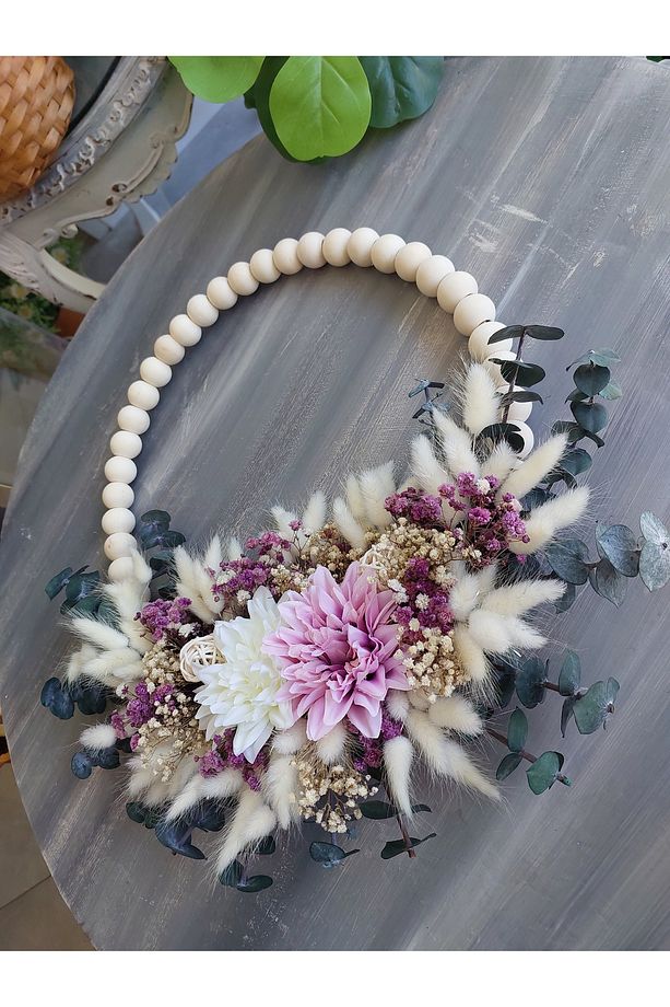 Boncuklu Kuru Çiçekli Kapı Süsü, Bohem Kapı Çelengi, Hediye, Doğal, Dekor, Yapay Çiçek - 2
