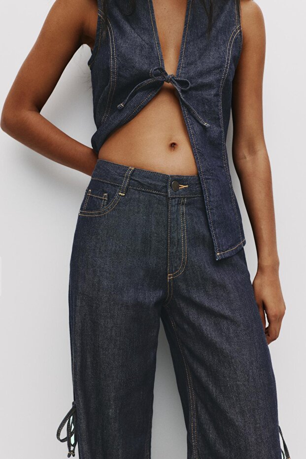 Bağcıklı geniş paça jean - 5