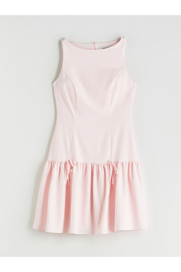 Pembe Bisiklet Yaka A Kesim Poplin Mini Elbise - 5