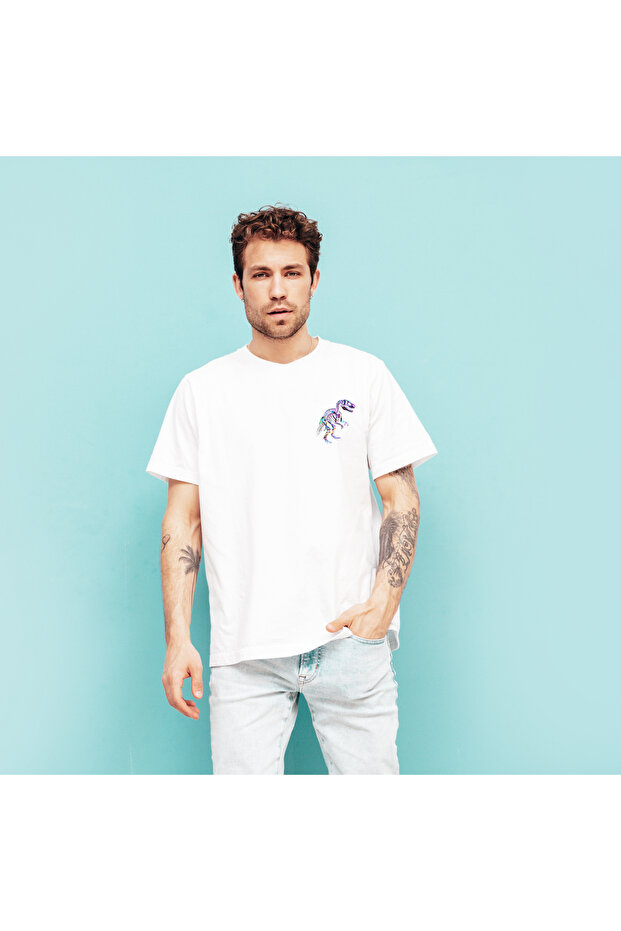 Minimalist Dinosaur Design Printed 100% Cotton Crew Neck Black-White T-Shirt