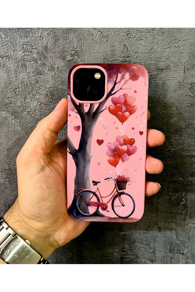 iPhone 15 Compatible Love Tree and Bicycle Themed Pink Phone Case