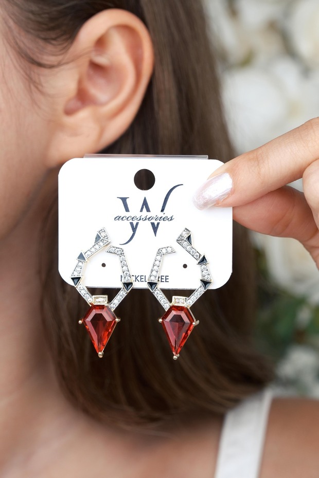 Luxury Anti-Tarnish Steel Geometric Dangle Red Stone Women's Earrings