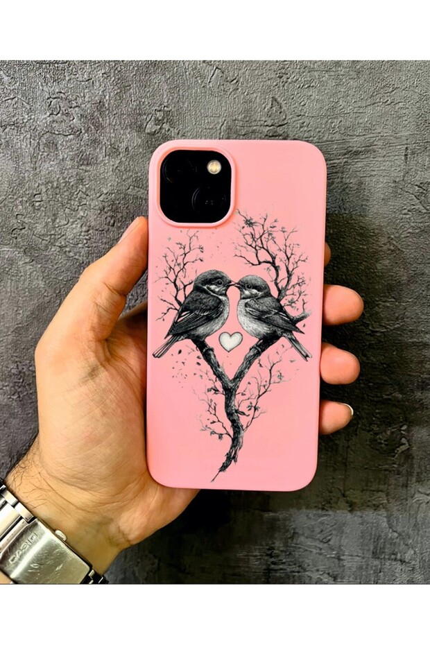 iPhone 15 Compatible Love Tree Birds D Patterned Pink Case