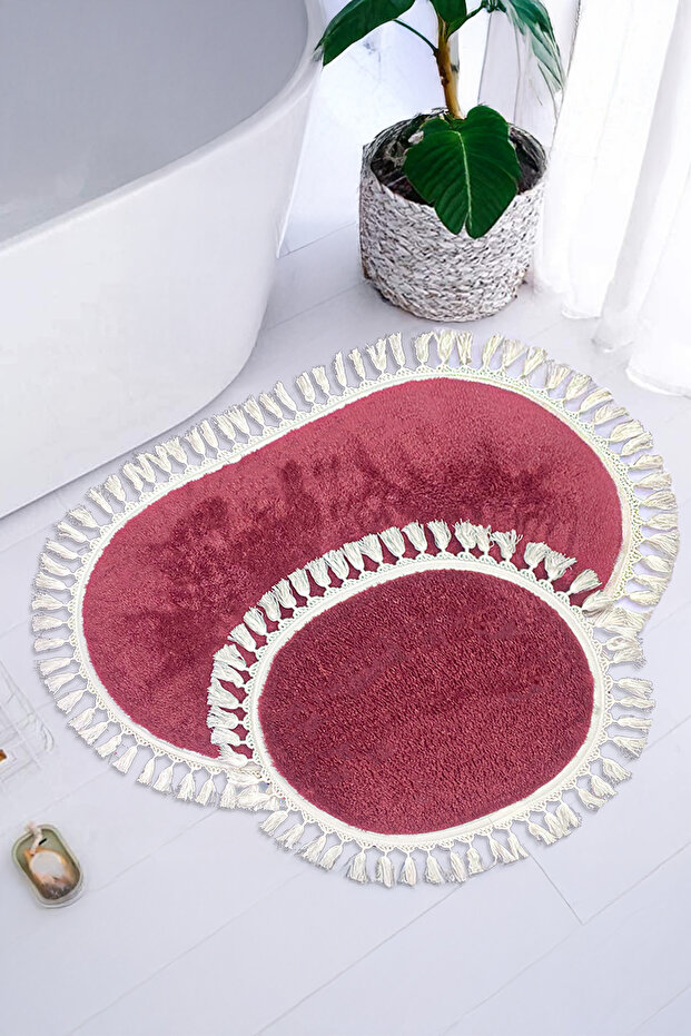 Lunasoft Burgundy Double Tassel Oval Bath Mat Non-Slip Base Luxury Soft Washable Modern