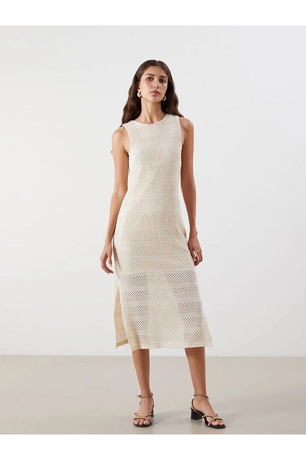 LCW Vision Ekru Bisiklet Yaka Kroşe Bodycon Elbise - 1