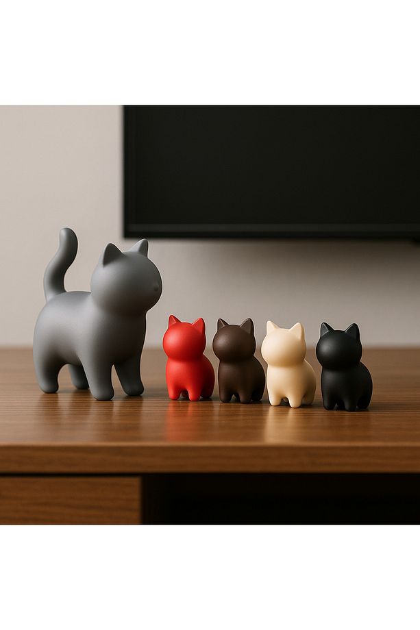 Minimalist 3D Kedi Biblo Seti – Anne Kedi & 4 Renkli Yavru Figür Dekorasyon - 2