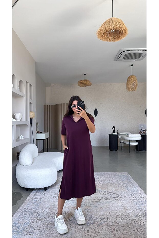 Bordo Pike Modal Yakalı Basic Elbise - 6