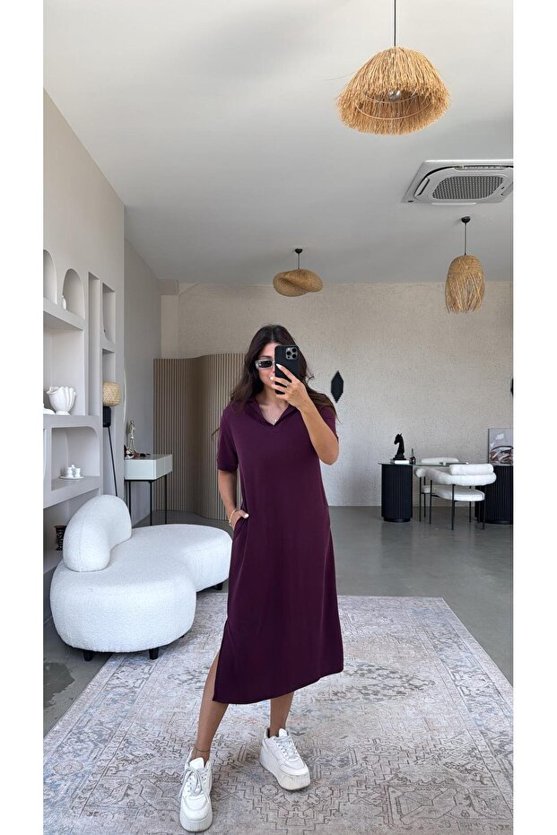 Bordo Pike Modal Yakalı Basic Elbise - 5