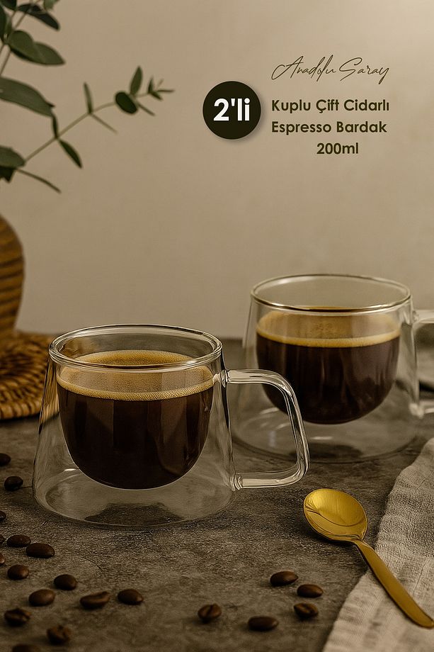 2 ADET Isıya Dayanıklı Kuplu Çift Cidarlı Espresso Bardak | Kahve Ve Sunum Bardağı - 1