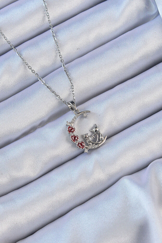 316L Steel Chain Silver Color Red Rose Detail Cat Figure Zircon Stone Moon Necklace - Tj-Bko9130