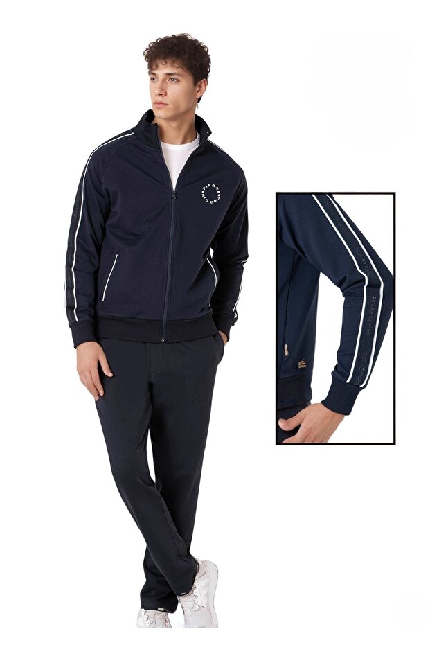 Cotton Seasonal Navy Blue 2 Thread Zipper Straight Leg Sweatpants Set Q8P2K4Rkc1