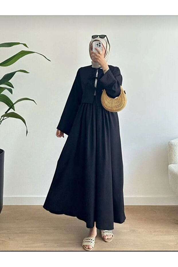 3 Tie Linen Skirt Suit Black