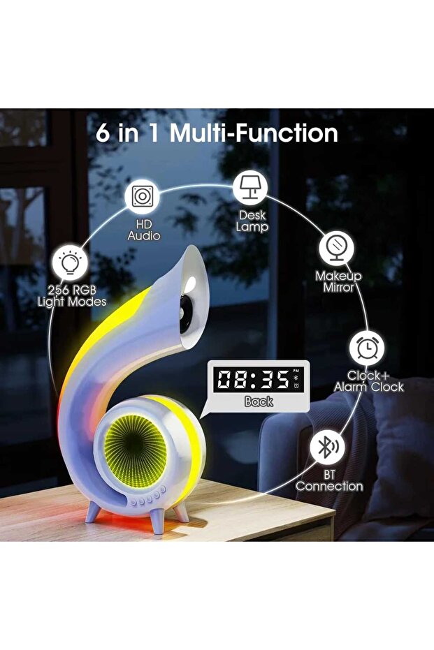 6 in 1 Lamp with Bluetooth Speaker, Clock, Alarm Clock, Makeup Mirror, Desk Lamp with 256 RGB Lighting Modes - 7