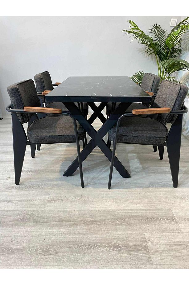 Cafe Restoran Masa Sandalye Takımı 120x70 Mdf Masa 4 Adet Keten Kumaş Ergo Sandalye - 1