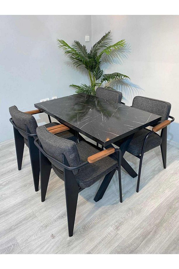 Cafe Restoran Masa Sandalye Takımı 120x70 Mdf Masa 4 Adet Keten Kumaş Ergo Sandalye - 3