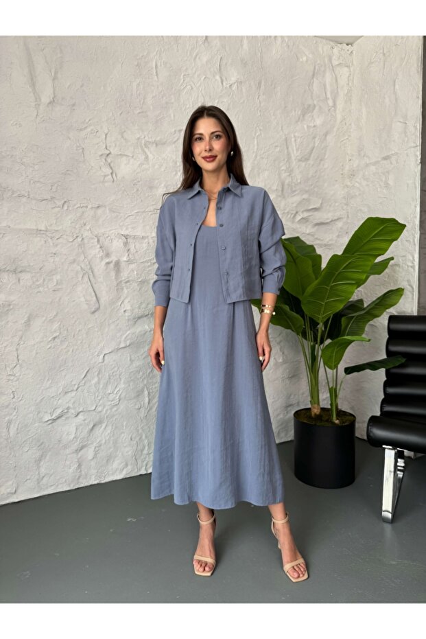 Gray Blue Rope Strap Dress Shirt Suit