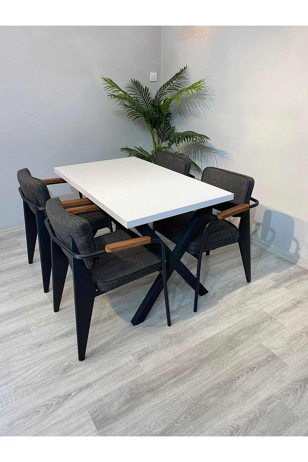Cafe Restoran Masa Sandalye Takımı 120x70 Mdf Masa 4 Adet Keten Kumaş Ergo Sandalye - 2