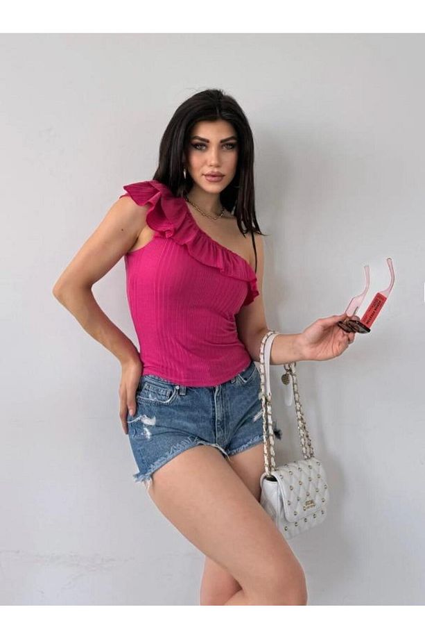 Tek Omuz Fırfır Detaylı Bluz Pembe - 4
