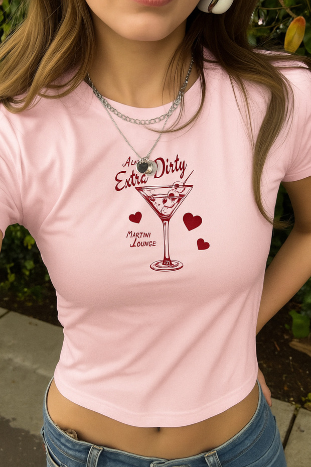Women's Pink Martini Lounge Printed Crew Neck Tight Crop Tshirt