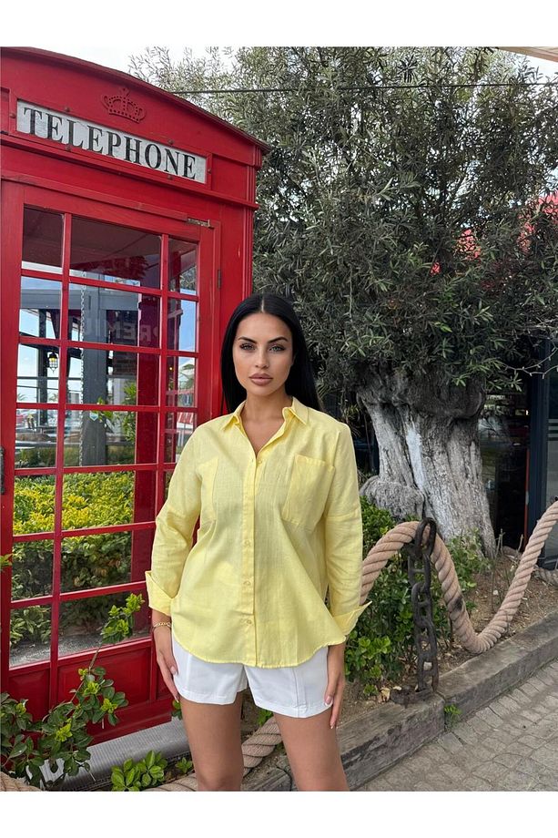 Sarı Oversize Cepli Pamuklu Polyester Gömlek - 4