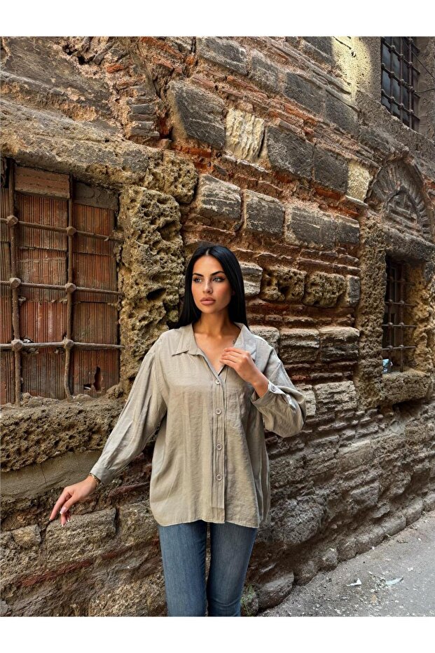 Khaki Pocket Viscose-Polyester Low Shirt