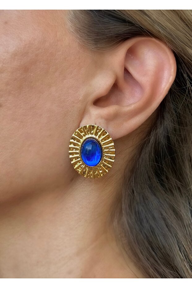 Sihra Accessories Steel Nail Model Blue Color Oval Earrings