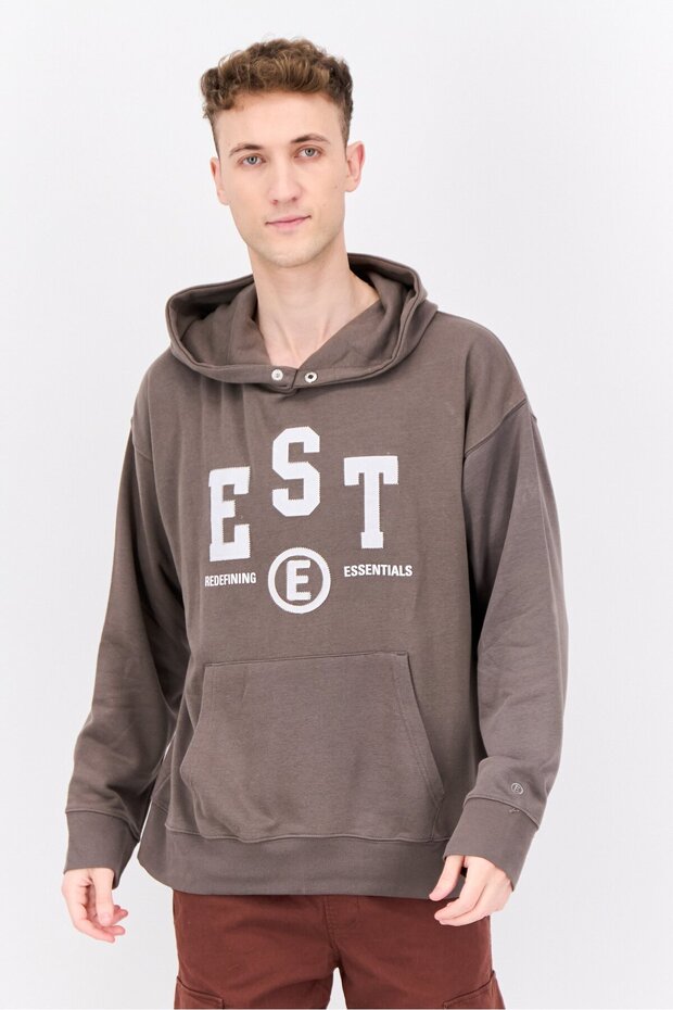 Men Hooded Long Sleeve Embroidered Sweatshirt, Dark Grey