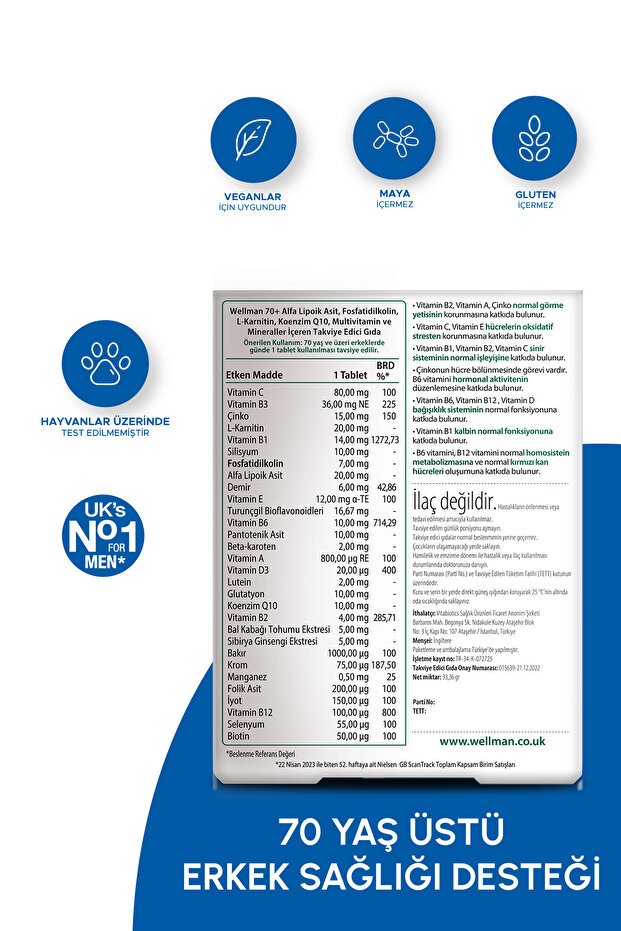 Sibirya Ginsengi,L-Karnitin,D Vitamini,B Complex İçeren 70Yaş Üzeri Erkek Sağlığı Vitamini 30 Tablet - 2