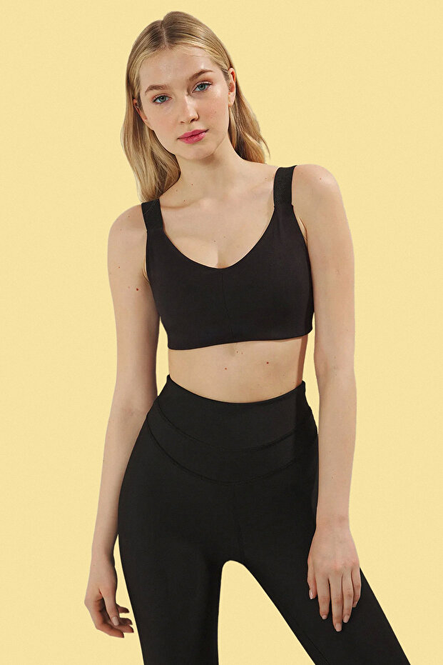 Siyah Fırçalı Soft Destekli/Şekillendirici Toparlayıcı Lastik Askılı Spor Sütyeni THMSS25SS00013 - 1