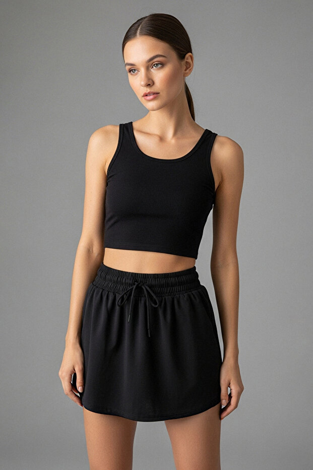 Siyah 2 Katmanlı İçi Şortlu Tenis Örme Spor Şort Etek THMSS25SR00000 - 2