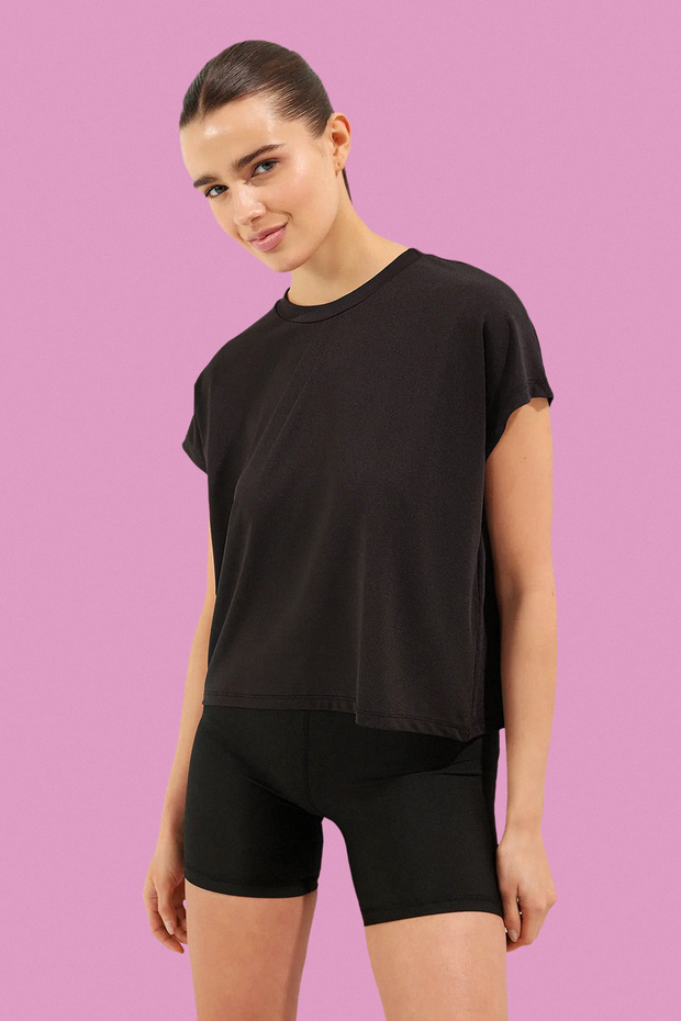 Siyah Micro Kumaş Normal Kalıp Örme Spor T-Shirt THMSS25TS00001 - 1