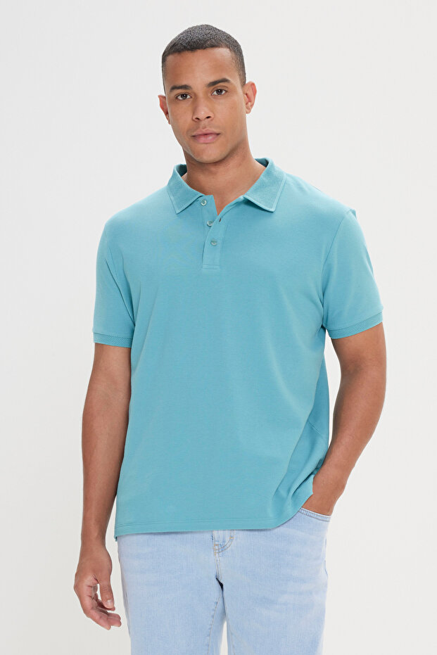 Erkek Petrol %100 Pamuk Kıvrılmaz Pike Polo Yaka Slim Fit Dar Kesim Tişört - 6