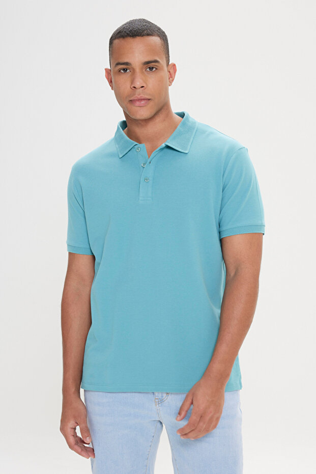 Erkek Petrol %100 Pamuk Kıvrılmaz Pike Polo Yaka Slim Fit Dar Kesim Tişört - 4