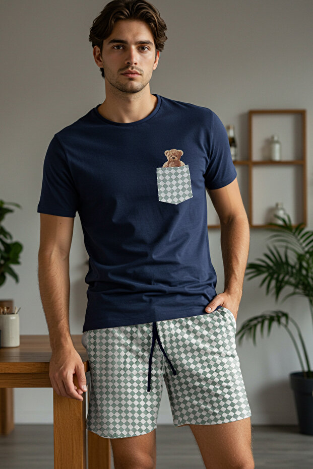 Lacivert Regular Ekose Couple/Çift Örme Şortlu Erkek Pijama Takımı TMNSS25PT00058 - 2