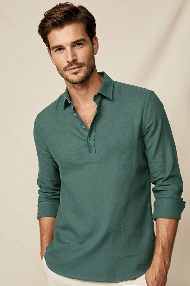 Koyu Yeşil Regular Fit Yarım Patlı %100 Pamuk Flamlı Keten Görünümlü Gömlek TMNSS25GO00009 - 3