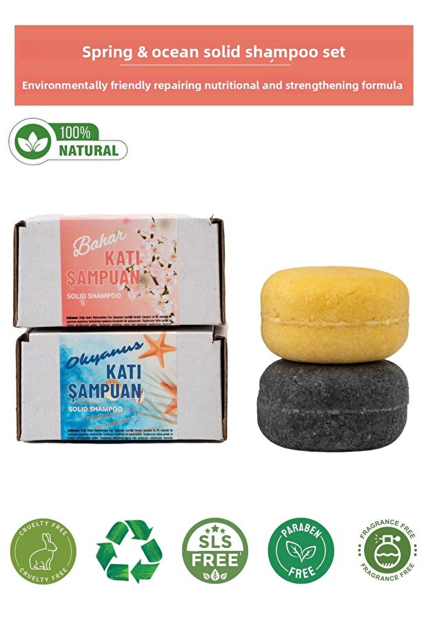 Solid Shampoo Double Set: Spring Solid Shampoo, Ocean Solid Shampoo, All Hair Types, Anti-Hair Loss, Nourishing.