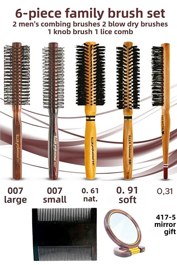 6-Piece Family Brush Set 2 Men's Combing Brushes 2 Blow Dry Brushes 1 Knob Brushes 1 Lice Comb Mirror 417