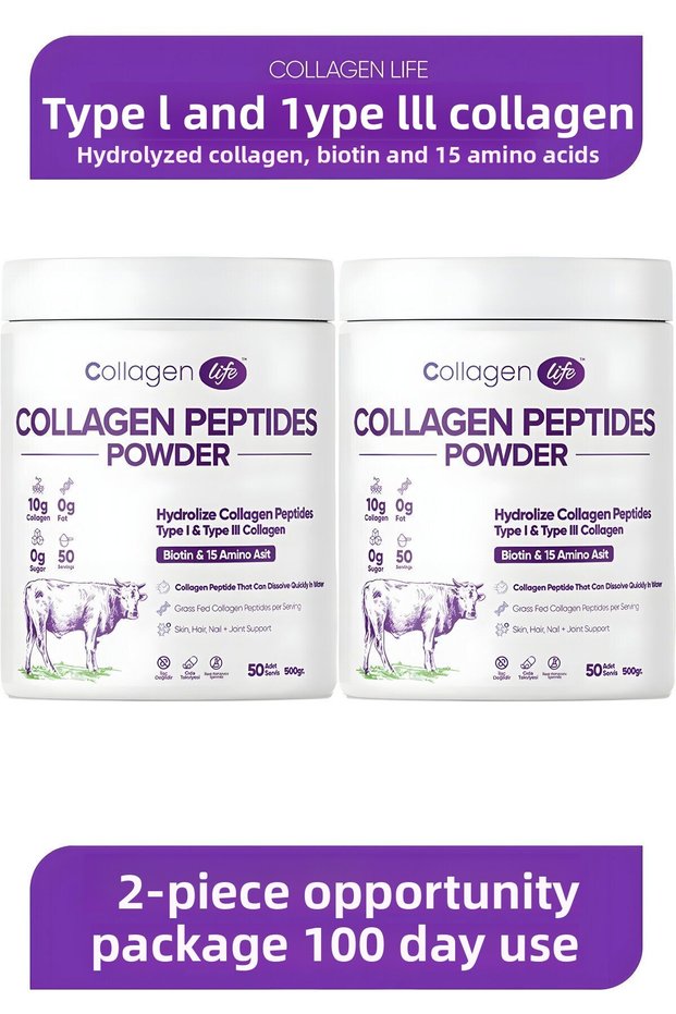 2-Pack 100% Hydrolyzed Collagen Peptides Food Supplement Containing Biotin And 15 Amino Acids 100 Days