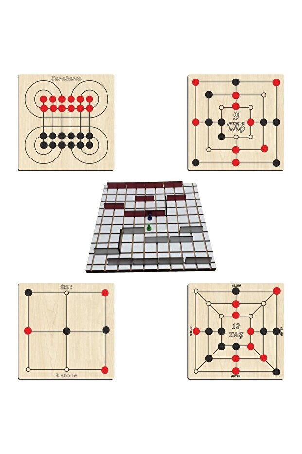 Wooden Intelligence and Strategy Game Set 5 Pieces, 3 Stones + 9 Stones + 12 Stones + Surakarta And Corridor