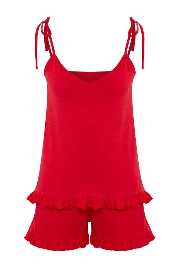 Kırmızı %100 Pamuklu Fırfırlı ve Bağlama Detaylı Şortlu Örme Pijama Takımı THMSS25PT00440 - 5