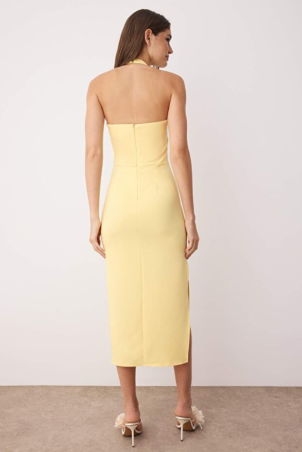Světle žluté midi tkané šaty s rozparkem na tělo TPRSS24EL00136 - 4