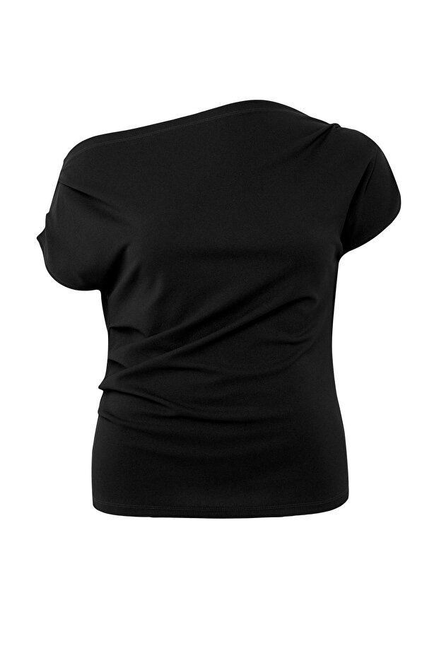 Siyah Büzgü/Drape Detaylı Dökümlü Asimetrik Yaka Örme Bluz TBBSS25AF00119 - 5