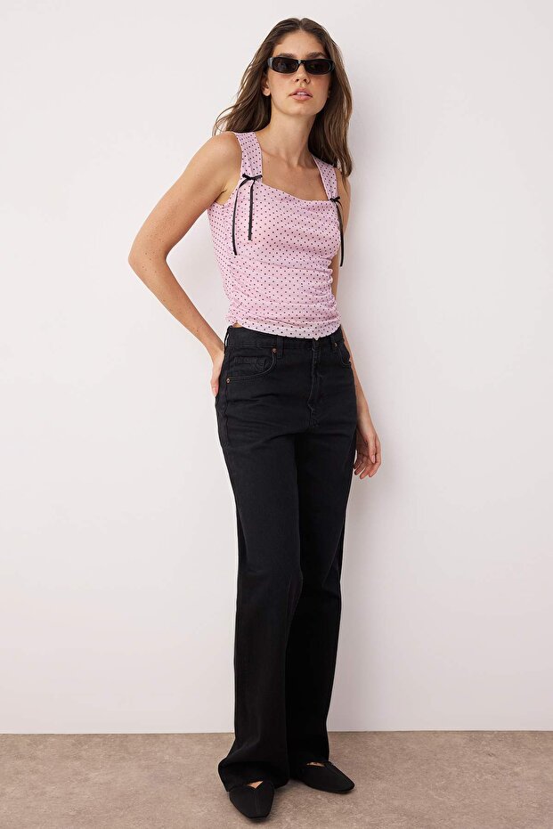 Pembe Puantiyeli Astarlı Baskılı Tül Vücuda Oturan Crop Fiyonk Detaylı Örme Bluz TWOSS25BZ00033 - 1