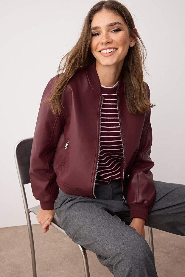 Bordo Regular Kalıp Suni Deri Bomber İnce Ceket Mont TWOAW26MO00084 - 1